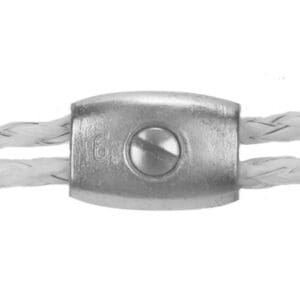 A silver metal piece with ropes connected to both ends
