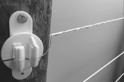 White plastic electric fence insulator on post.