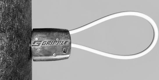 Gripple wire connector attached to post.