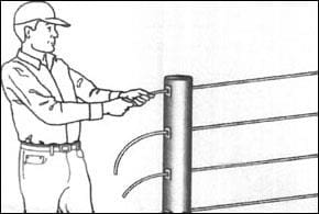 Here's an alt tag for the image: `Man installing electric fence wires`